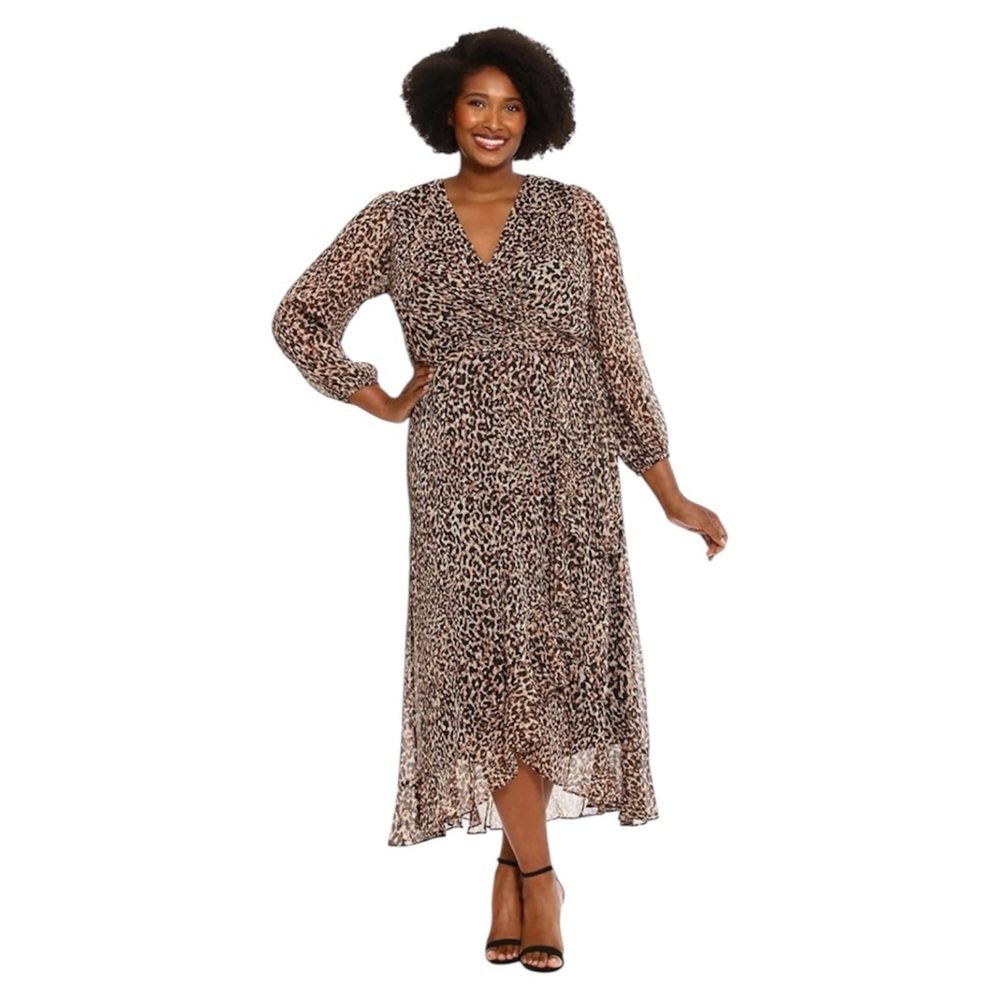 London Times Womens Chiffon Faux Wrap Ruffle Hem Maxi Dress